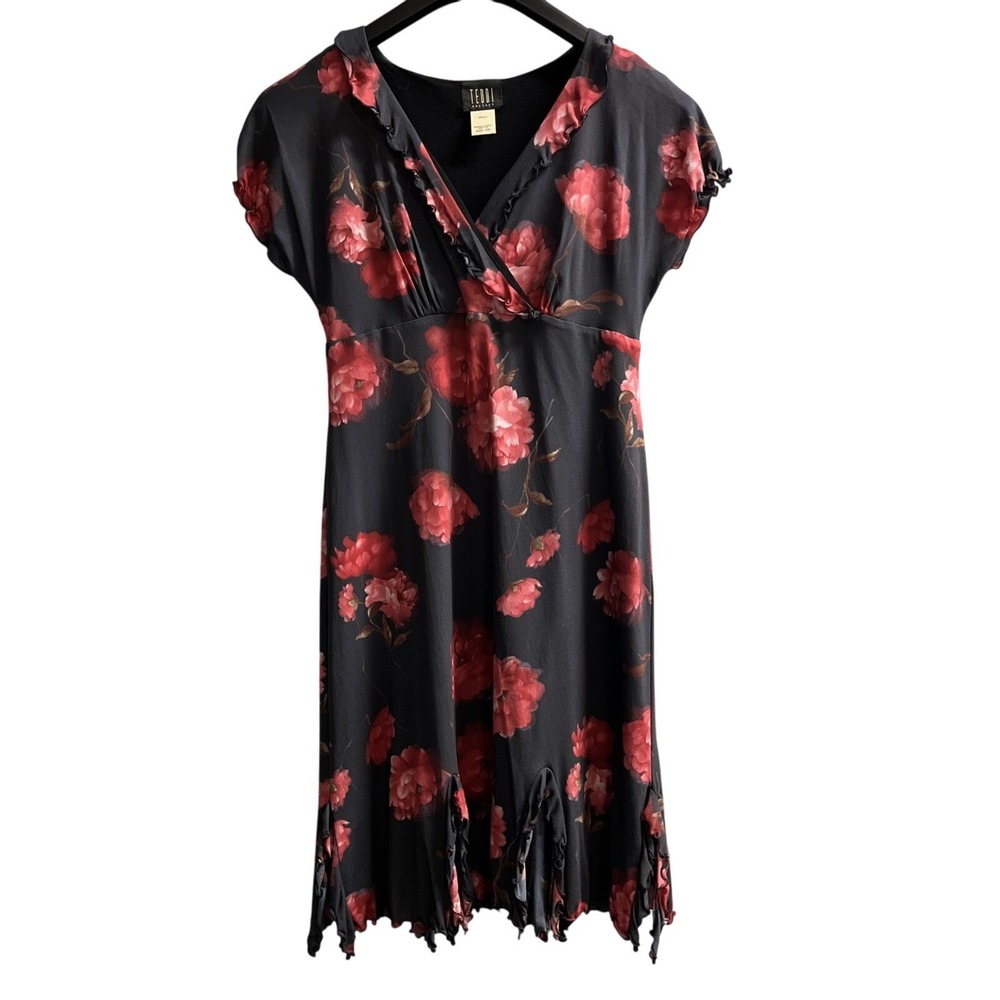 Vintage Teddi Y2K‎ Dress Womens 10P Black Floral Mesh Babydoll Asymmetric Fairy